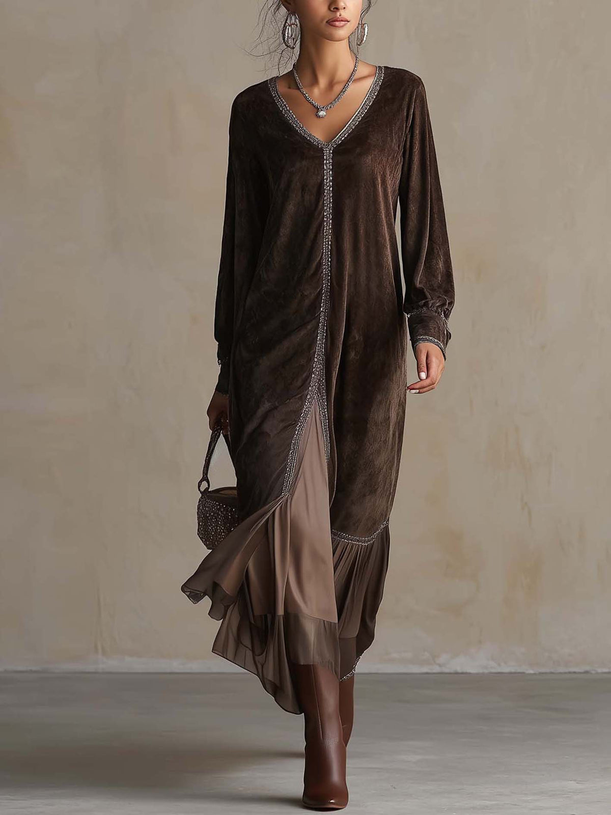 Vestido midi de ante sintético con cuello en V para mujer - Foto 2