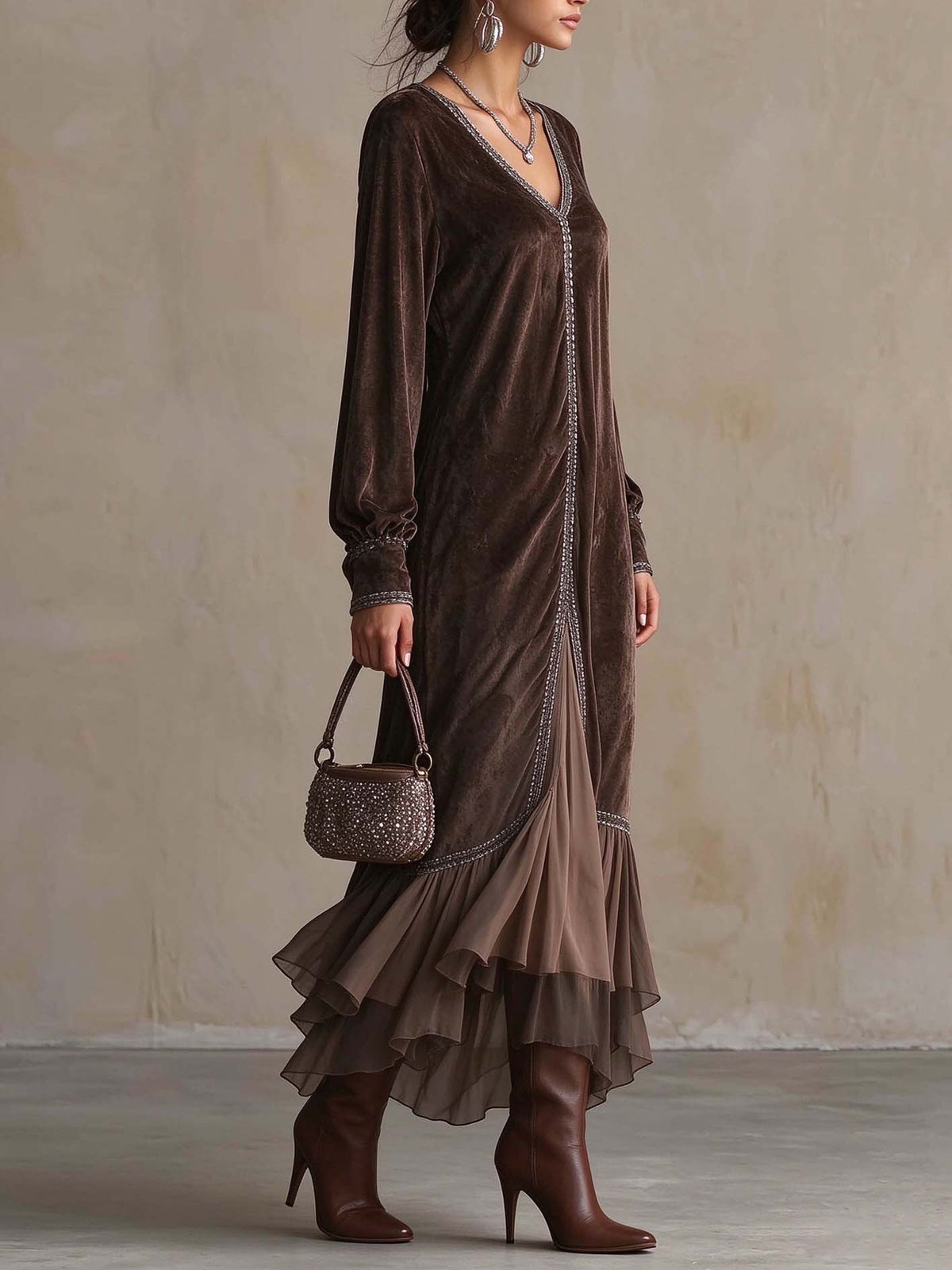 Vestido midi de ante sintético con cuello en V para mujer - Foto 3