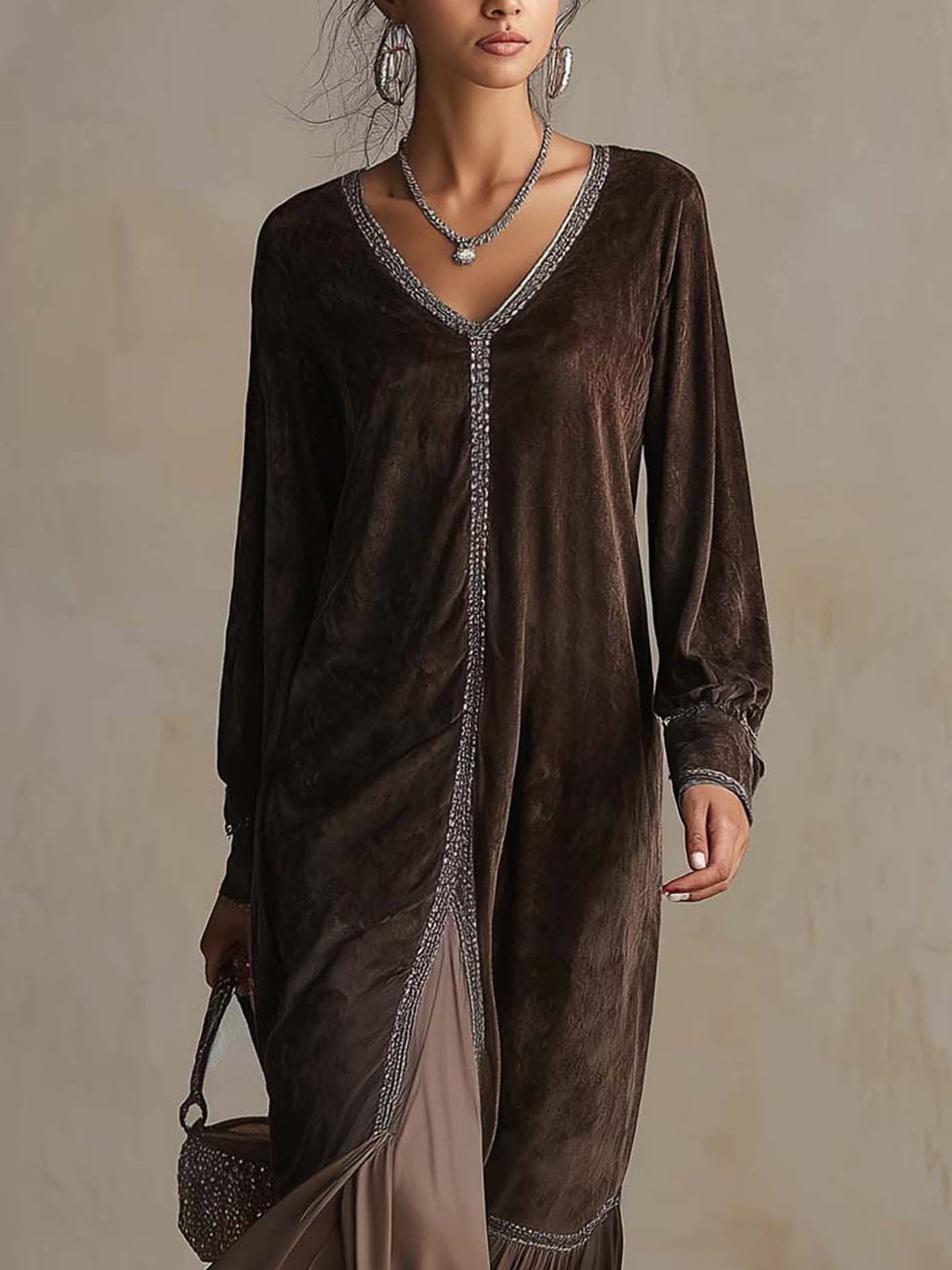 Vestido midi de ante sintético con cuello en V para mujer - Foto 4