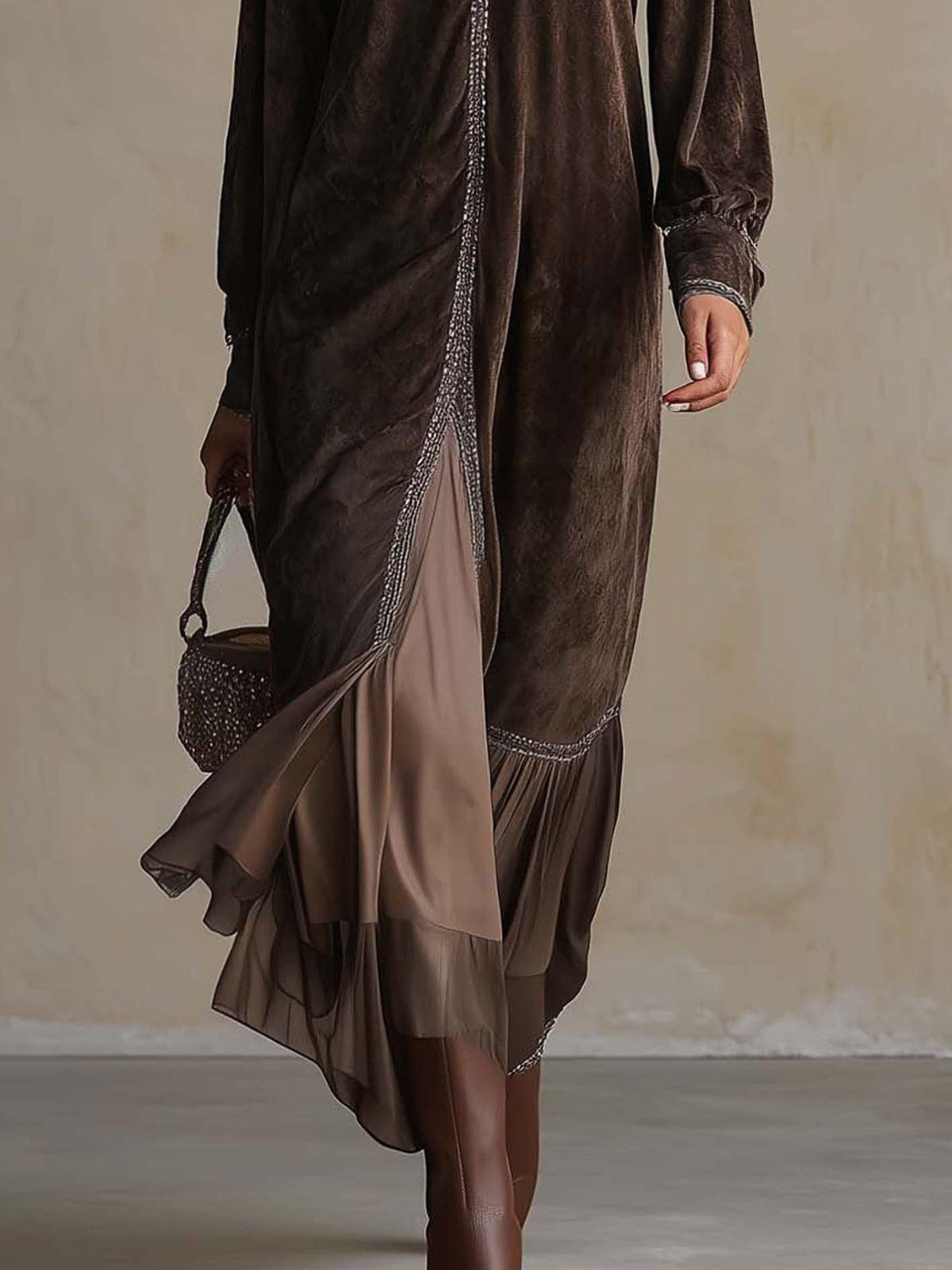 Vestido midi de ante sintético con cuello en V para mujer - Foto 5