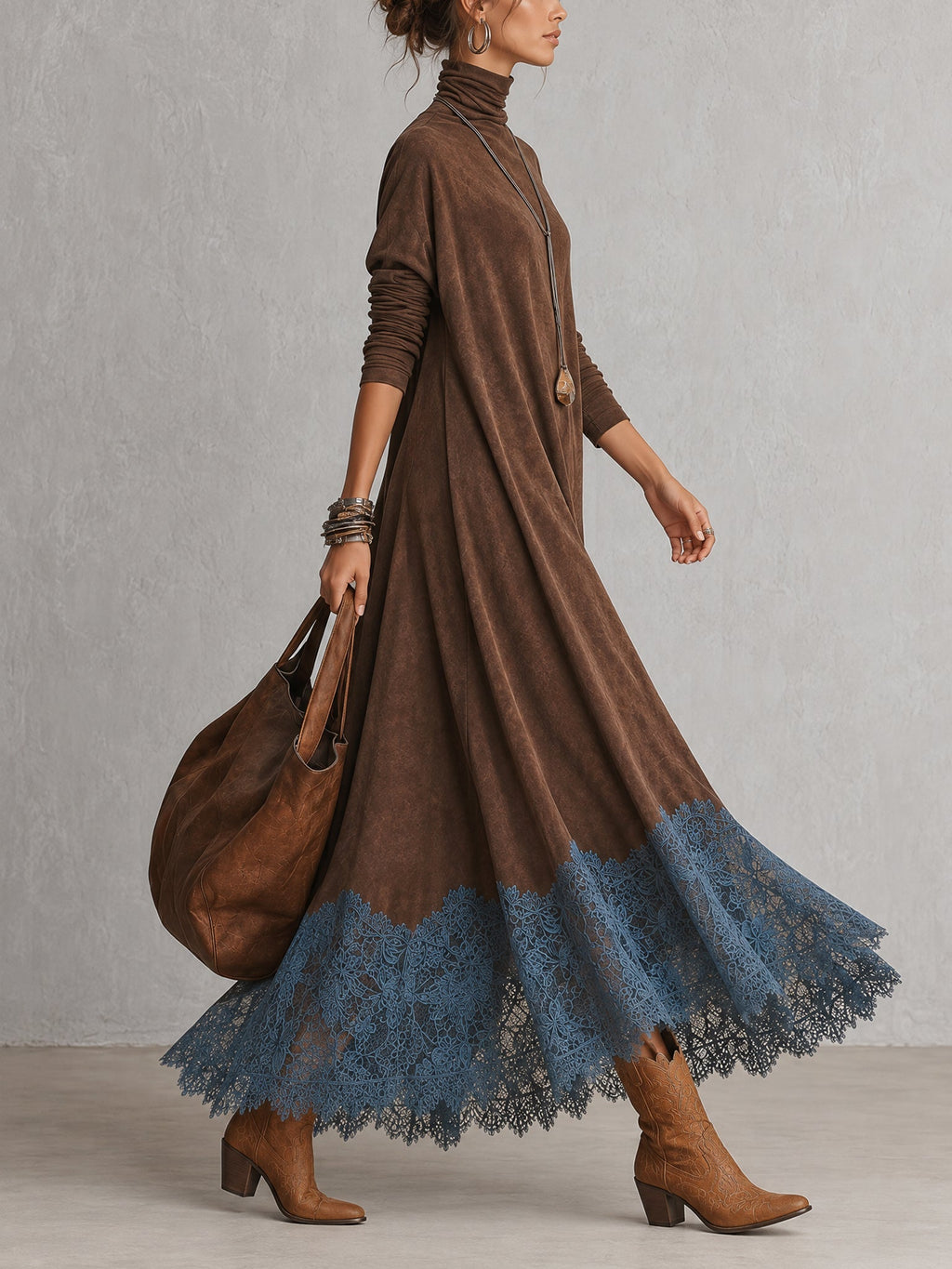 Vestido largo efecto ante con encaje floral para mujer - Foto 7