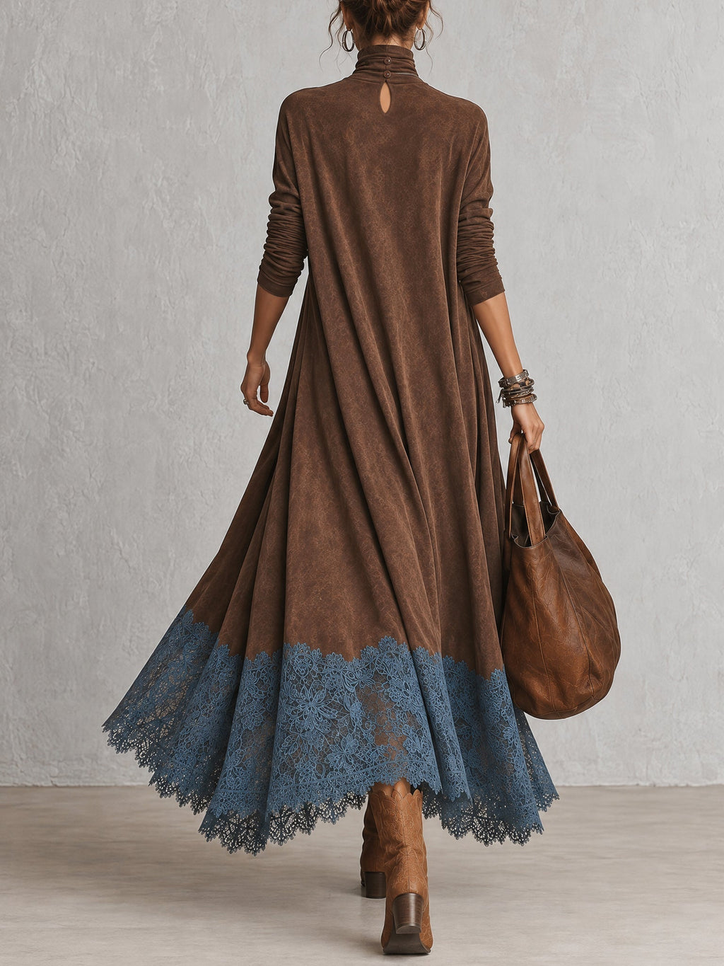 Vestido largo efecto ante con encaje floral para mujer - Foto 8