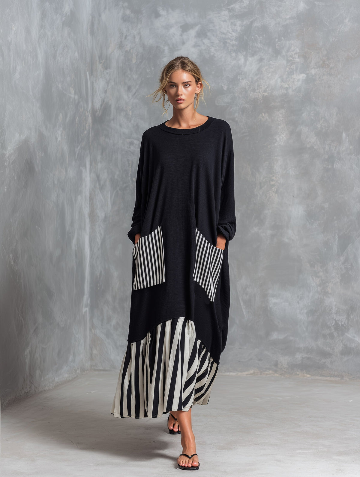 Vestido largo oversize de algodón negro para mujer - Foto 4