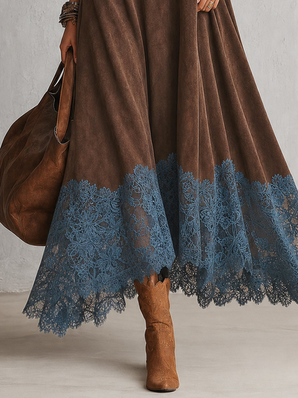 Vestido largo efecto ante con encaje floral para mujer - Foto 6