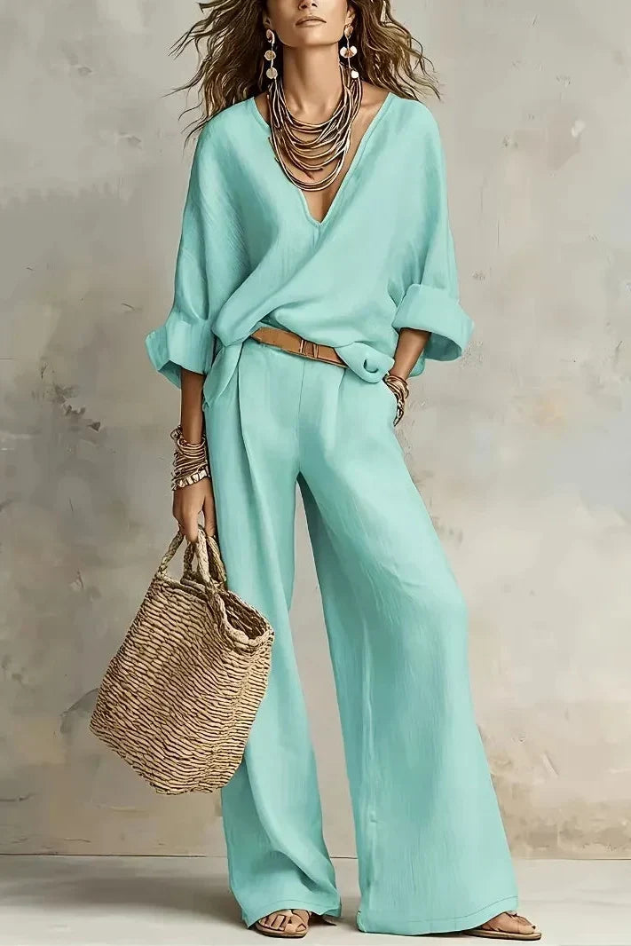 Conjunto de blusa con escote en V y pantalón ancho – Isabela - Foto 9