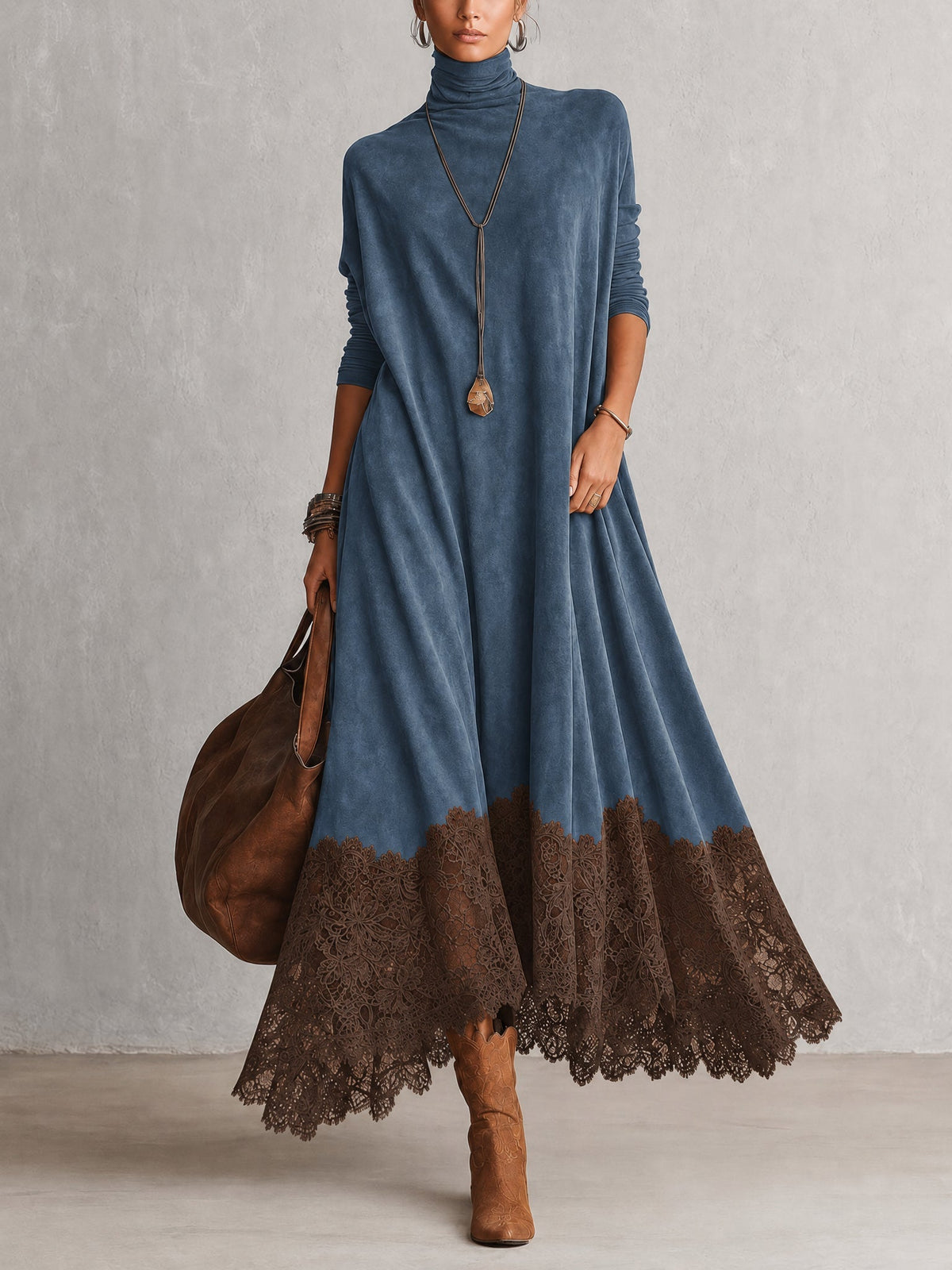 Vestido largo efecto ante con encaje floral para mujer - Foto 2