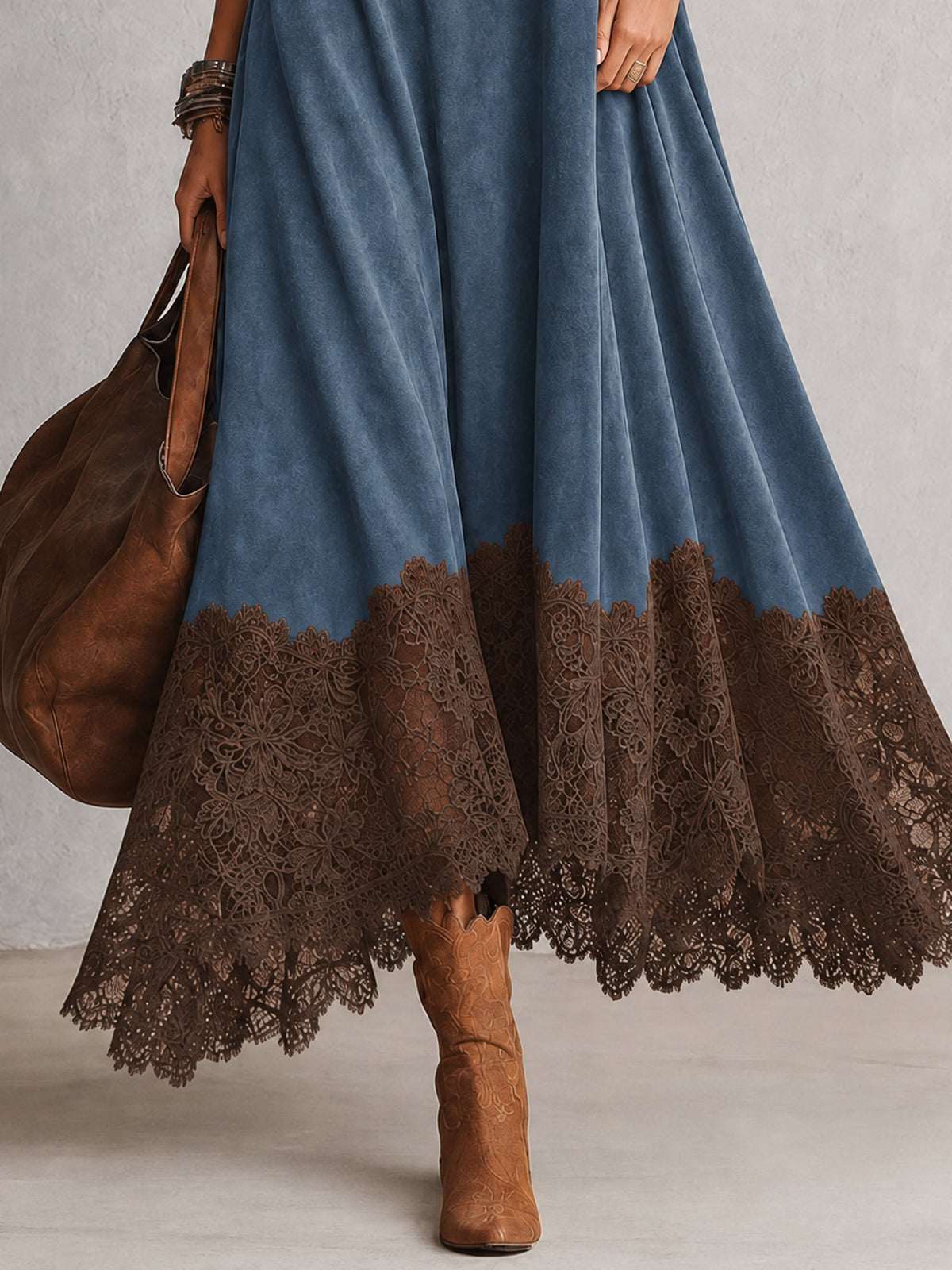 Vestido largo efecto ante con encaje floral para mujer - Foto 10
