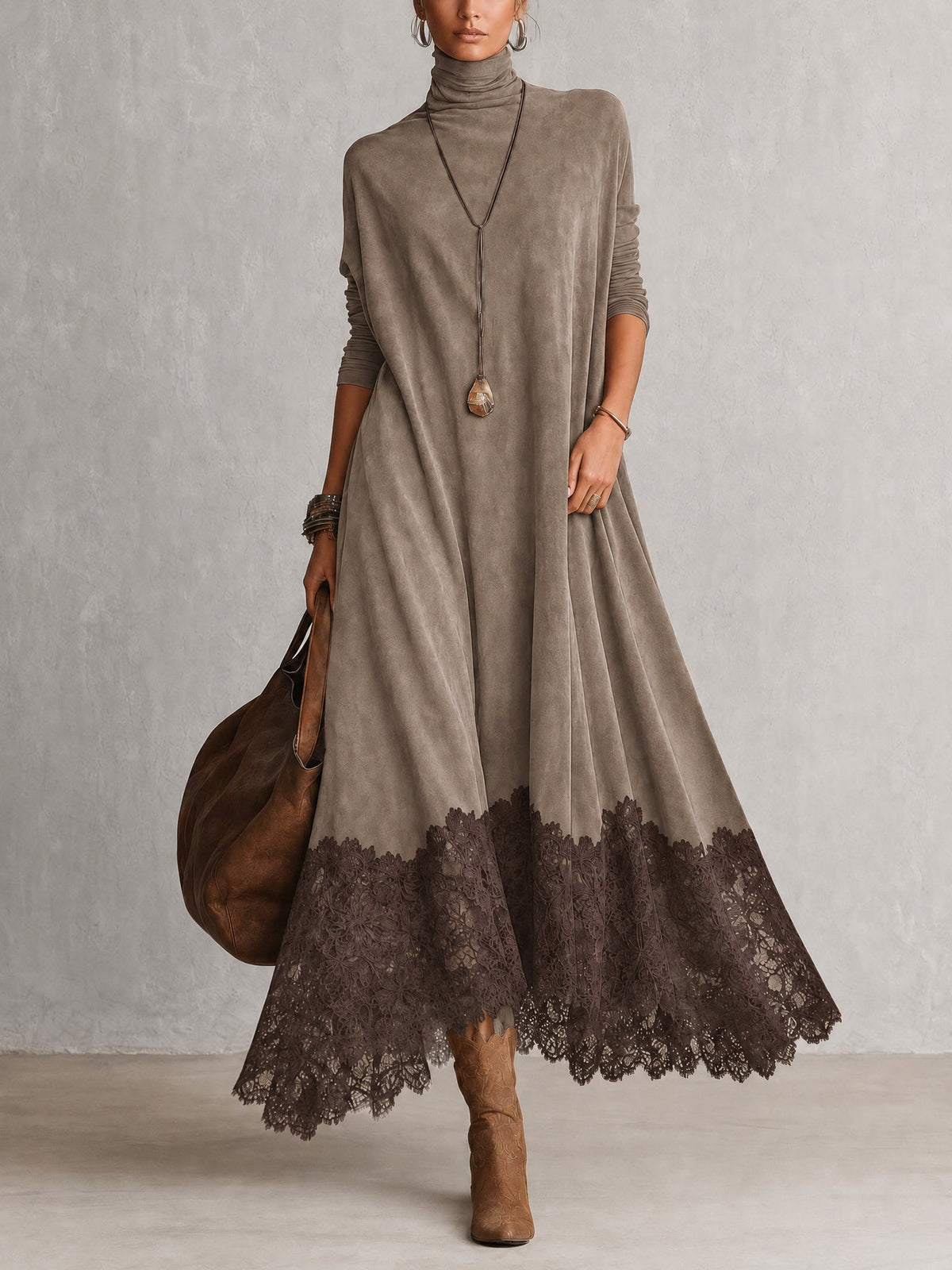 Vestido largo efecto ante con encaje floral para mujer - Foto 3