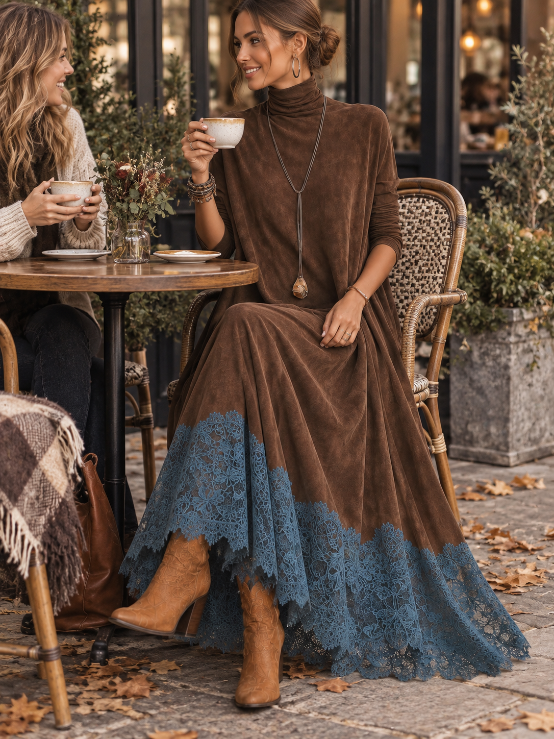 Vestido largo efecto ante con encaje floral para mujer - Foto 4
