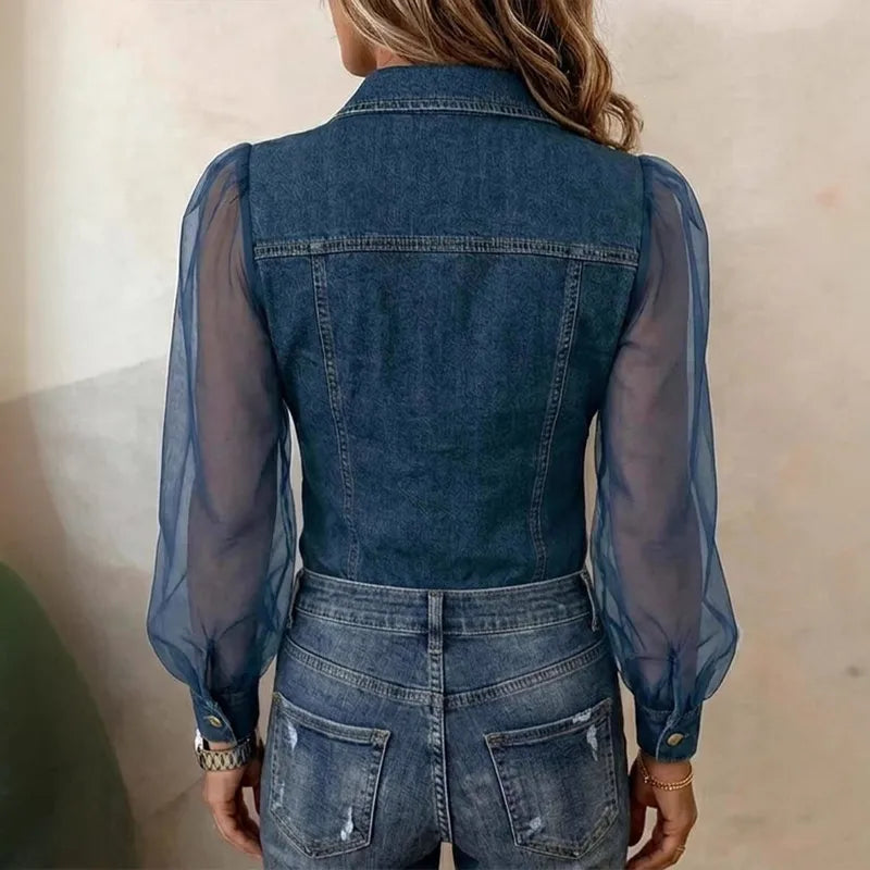 Camisa vaquera entallada con mangas transparentes de malla - Foto 2