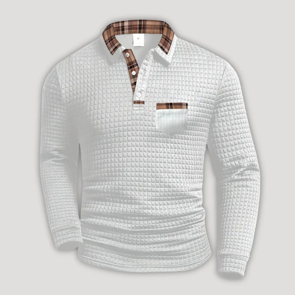 Polo de manga larga para hombre con detalles de cuadros - Foto 2