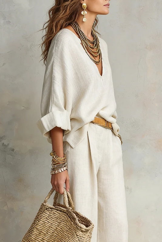Conjunto de blusa con escote en V y pantalón ancho – Isabela - Foto 2