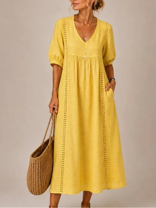 Vestido midi de lino y algodón con encaje para mujer - Foto 2