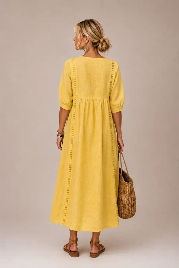 Vestido midi de lino y algodón con encaje para mujer - Foto 3