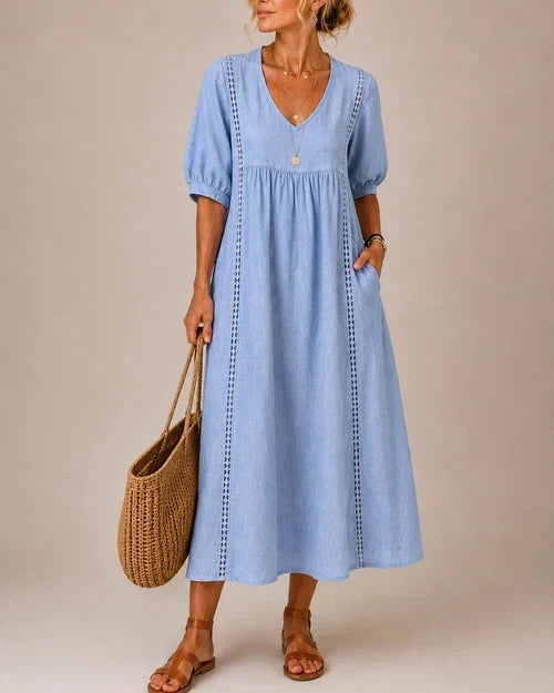 Vestido midi de lino y algodón con encaje para mujer - Foto 6