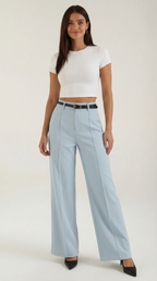 Pantalón ancho de mujer con pinzas y cinturón a juego - Foto 7