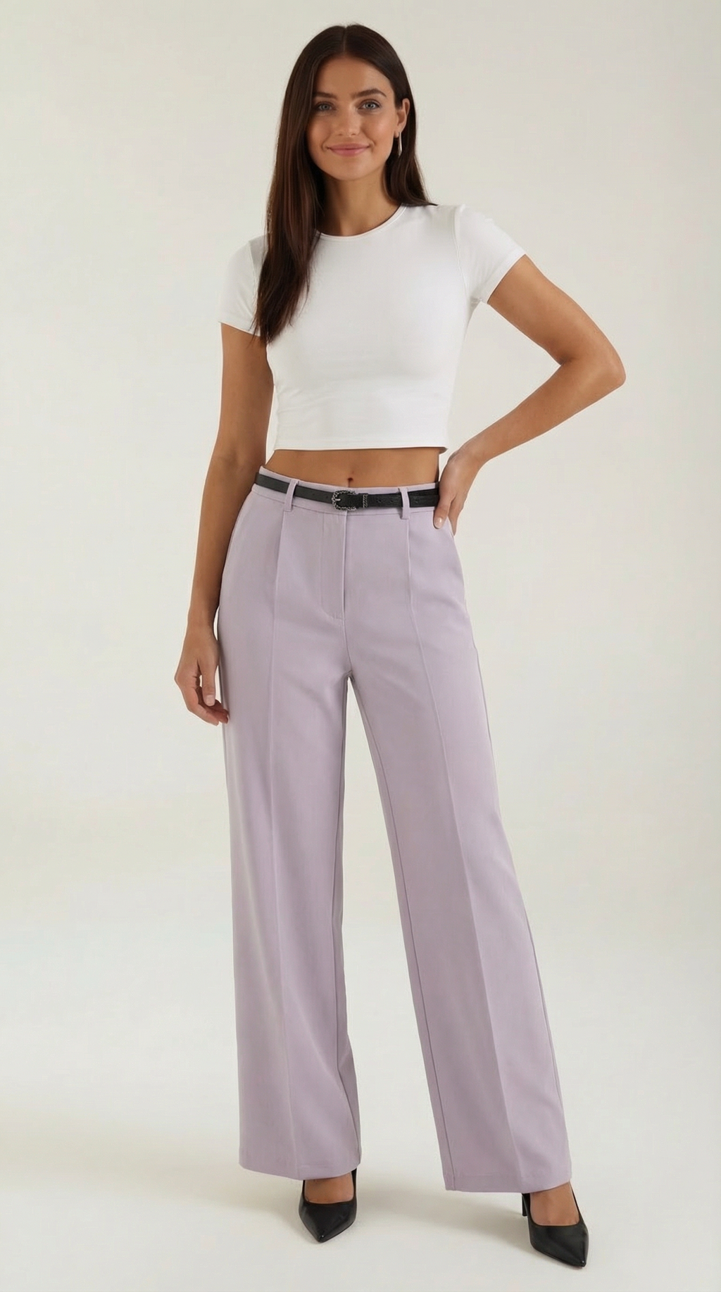 Pantalón ancho de mujer con pinzas y cinturón a juego - Foto 9