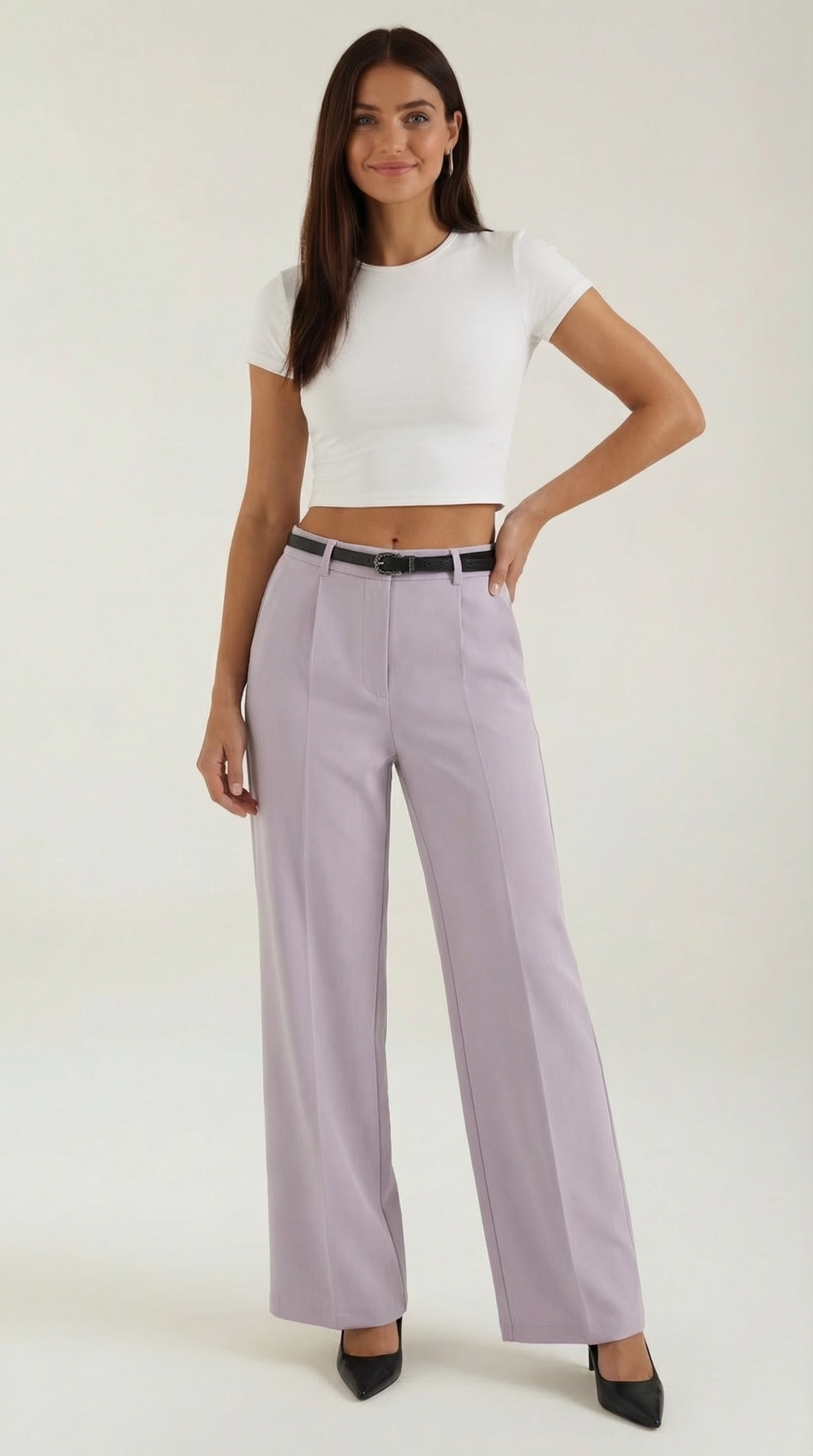 Pantalón ancho de mujer con pinzas y cinturón a juego - Foto 9