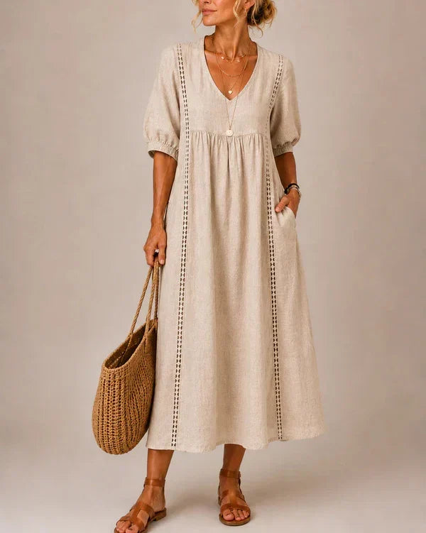 Vestido midi de lino y algodón con encaje para mujer - Foto 1