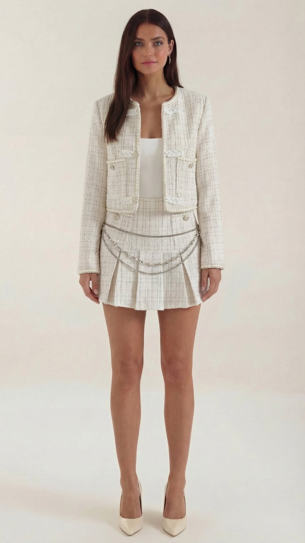 Conjunto de tweed para mujer con chaqueta y falda plisada - Foto 1