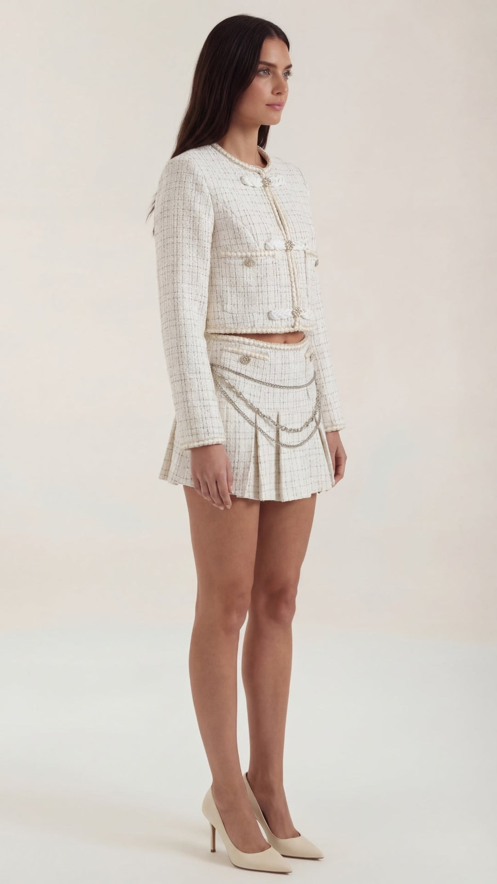 Conjunto de tweed para mujer con chaqueta y falda plisada - Foto 2