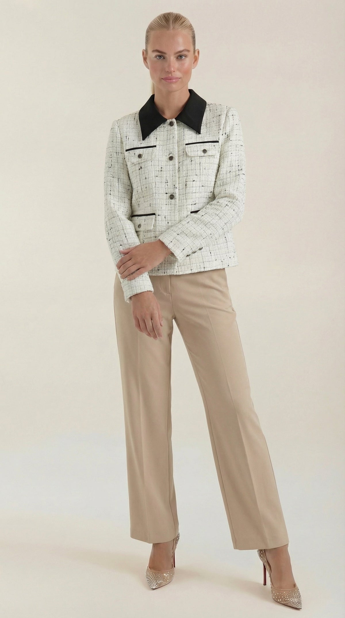 Chaqueta de tweed para mujer con cuello en contraste - Foto 1