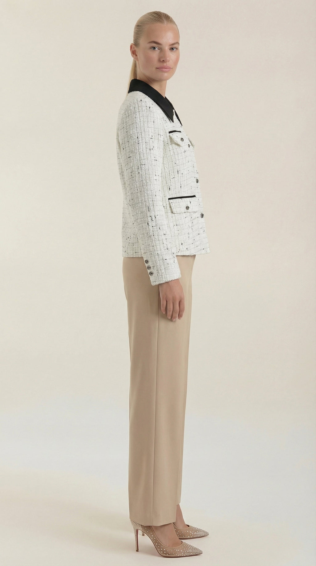 Chaqueta de tweed para mujer con cuello en contraste - Foto 2
