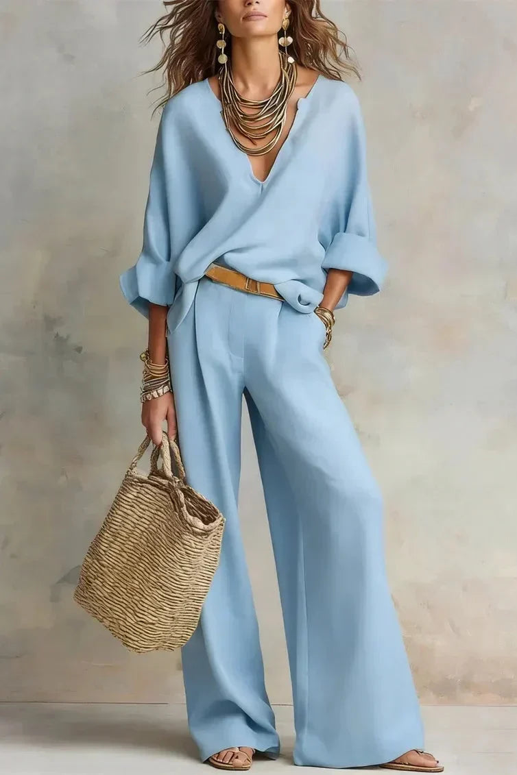 Conjunto de blusa con escote en V y pantalón ancho – Isabela - Foto 6