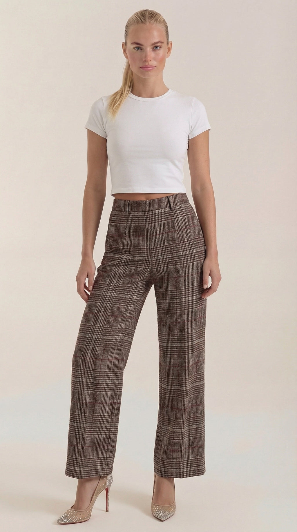Pantalón de cuadros de tiro alto para mujer, pierna ancha - Foto 1