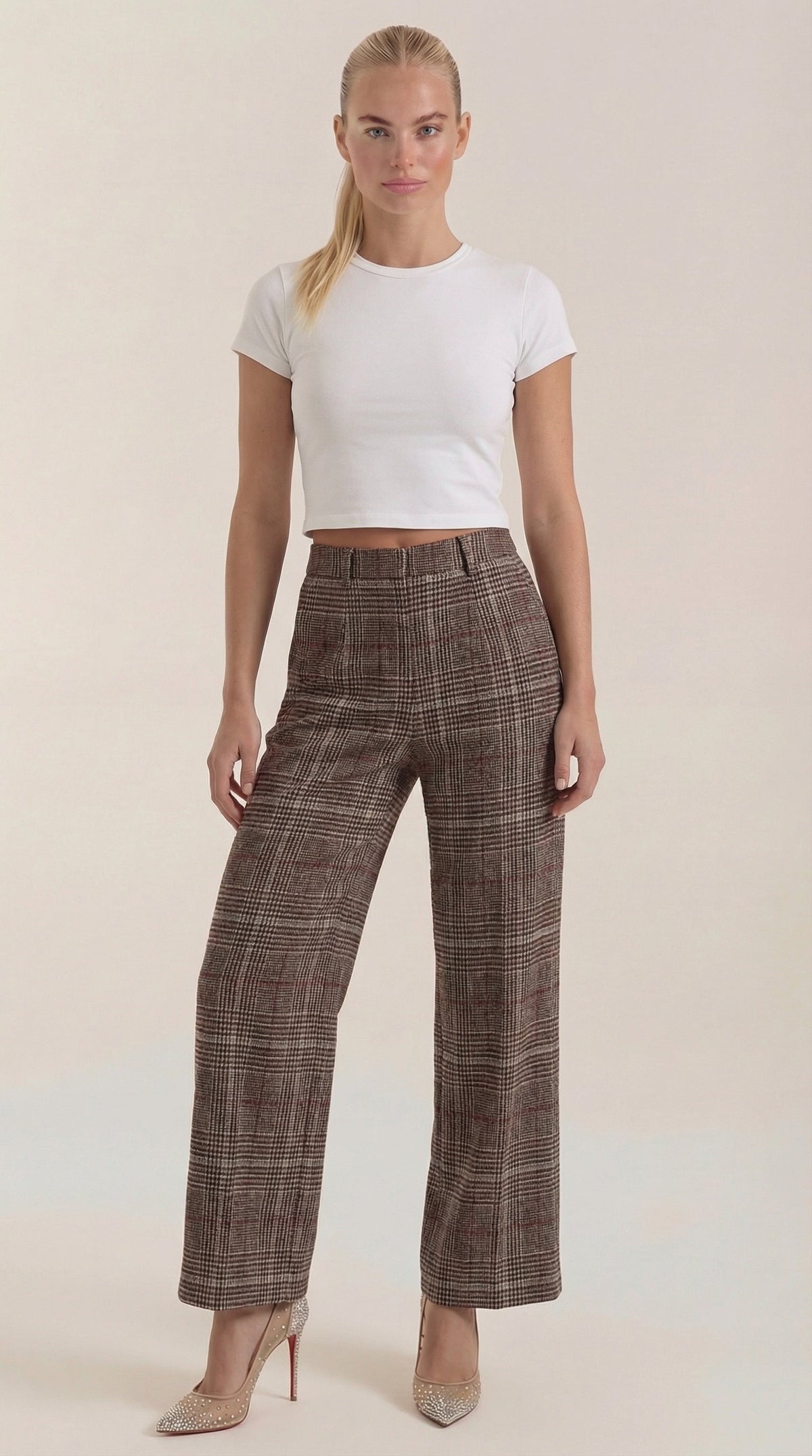 Pantalón de cuadros de tiro alto para mujer, pierna ancha - Foto 1
