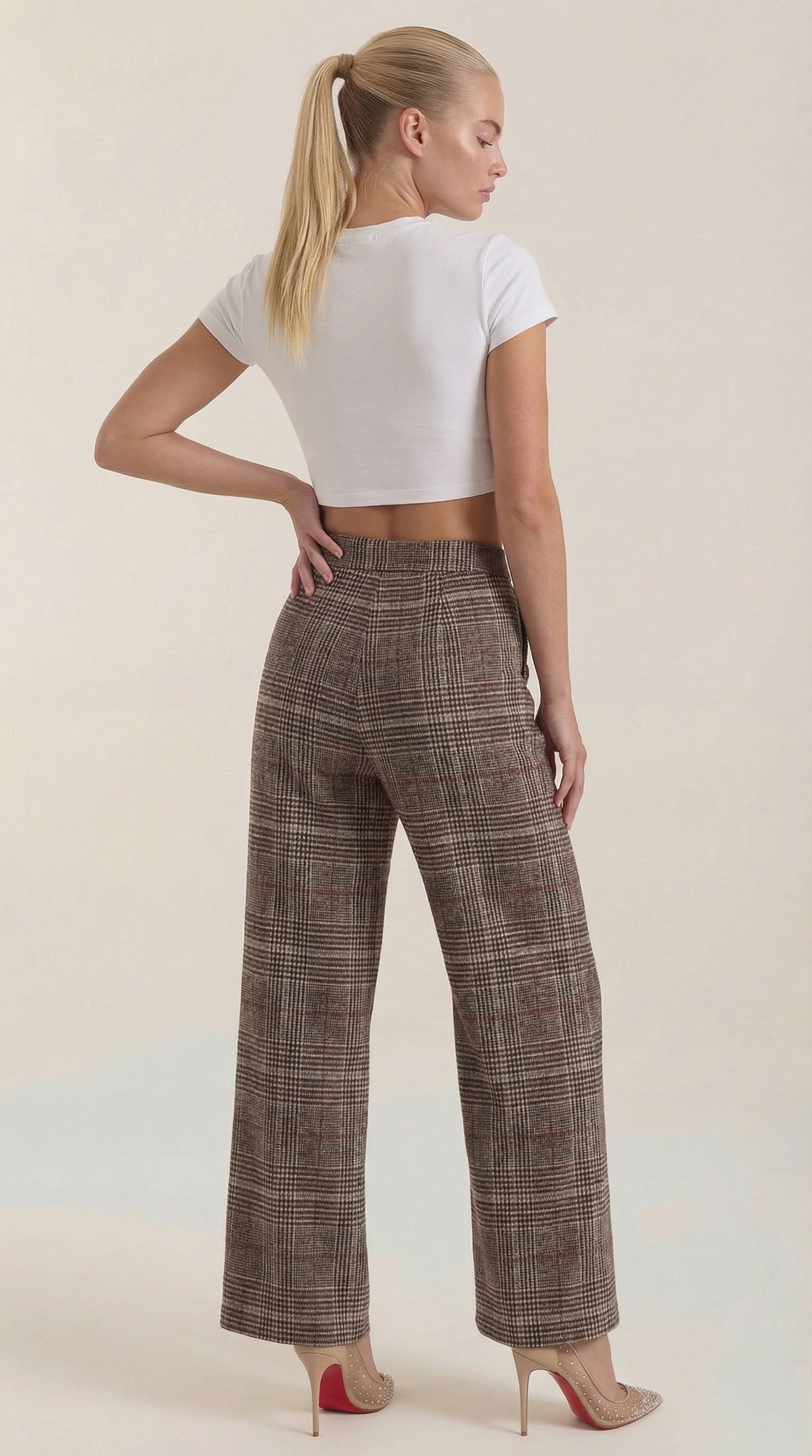 Pantalón de cuadros de tiro alto para mujer, pierna ancha - Foto 4