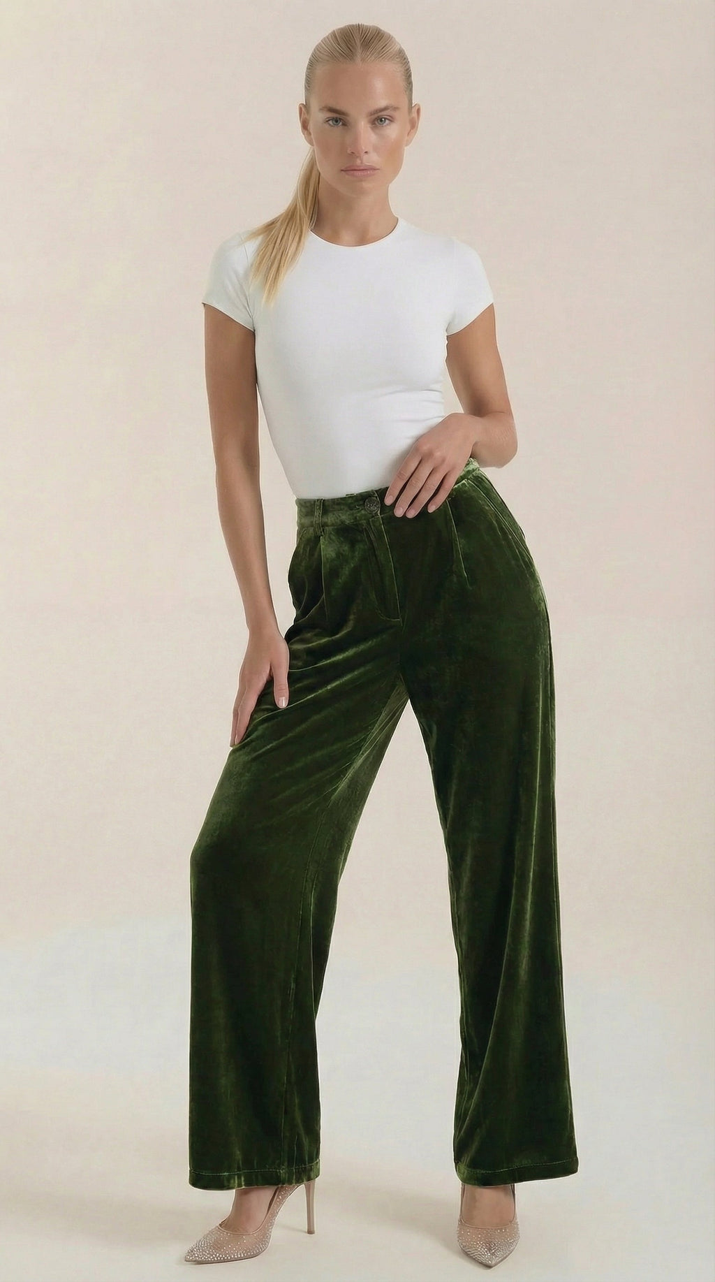 Pantalón ancho de terciopelo verde para mujer, cintura alta - Foto 1