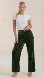 Pantalón ancho de terciopelo verde para mujer, cintura alta - Foto 1