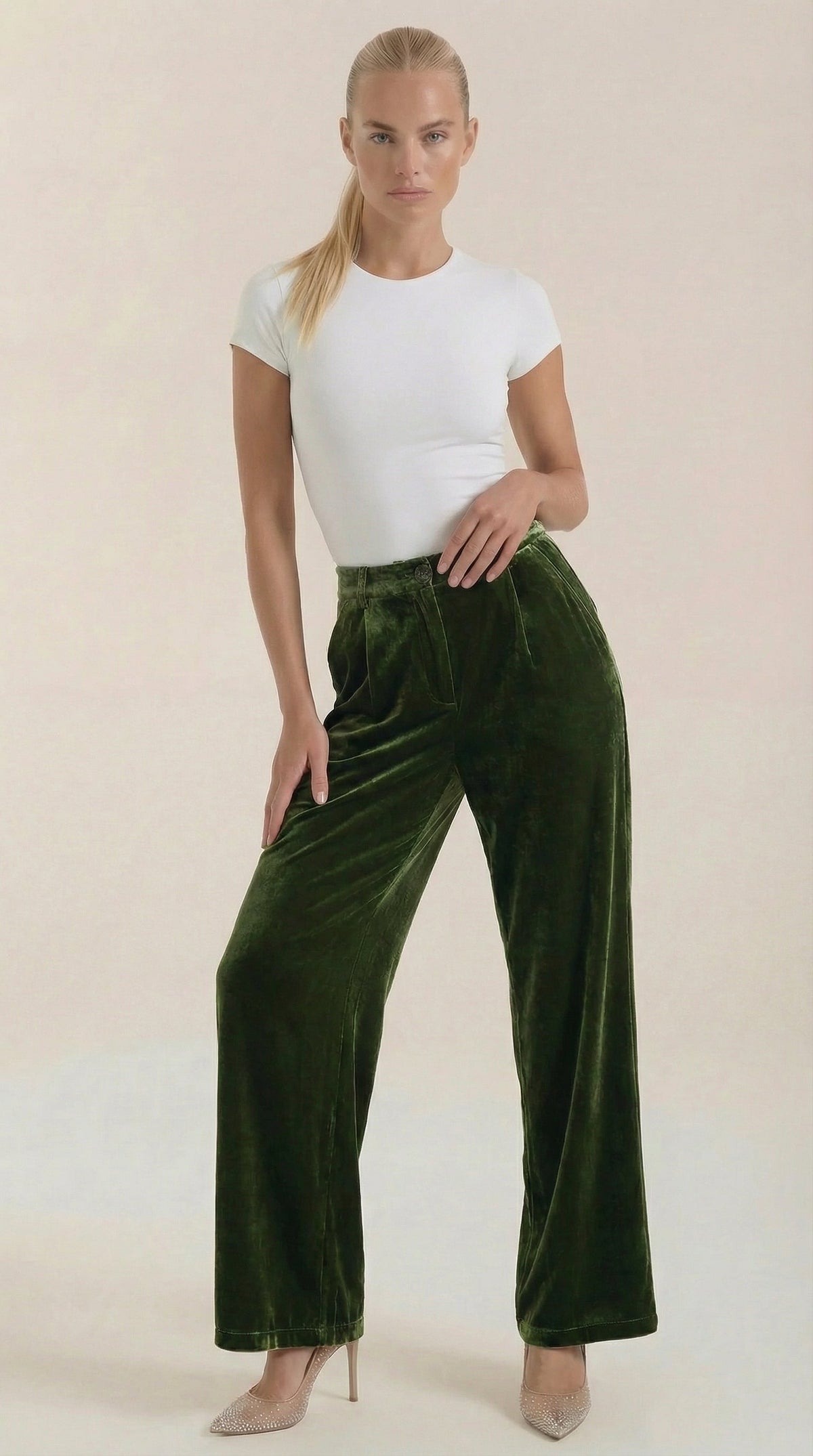 Pantalón ancho de terciopelo verde para mujer, cintura alta - Foto 1