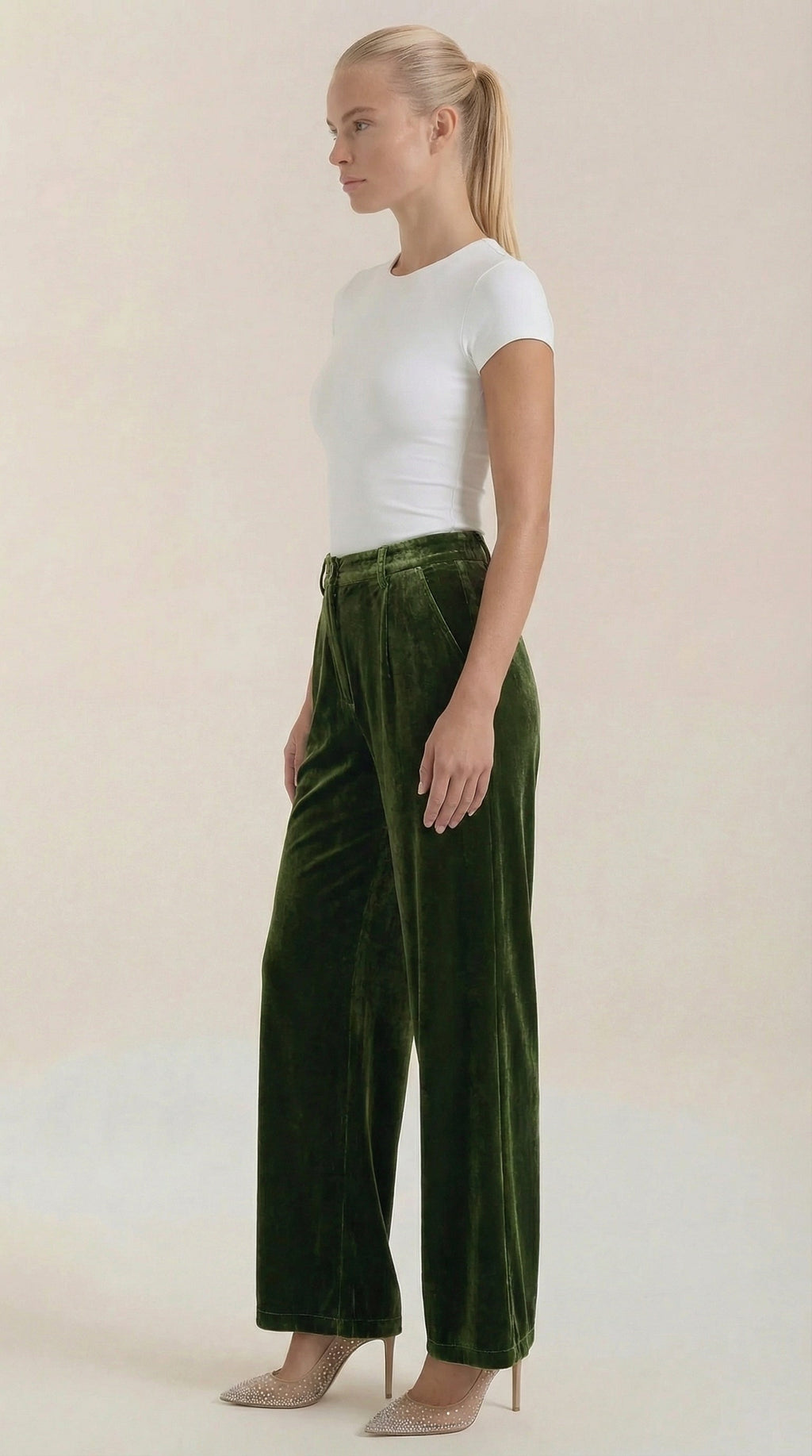 Pantalón ancho de terciopelo verde para mujer, cintura alta - Foto 2