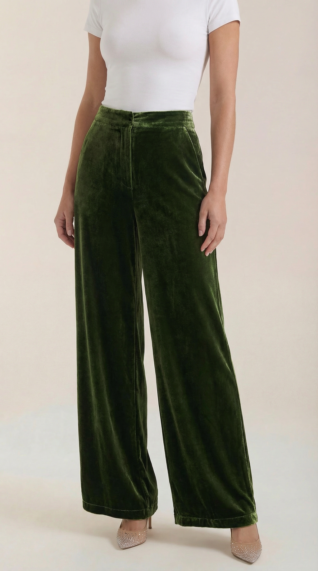 Pantalón ancho de terciopelo verde para mujer, cintura alta - Foto 3