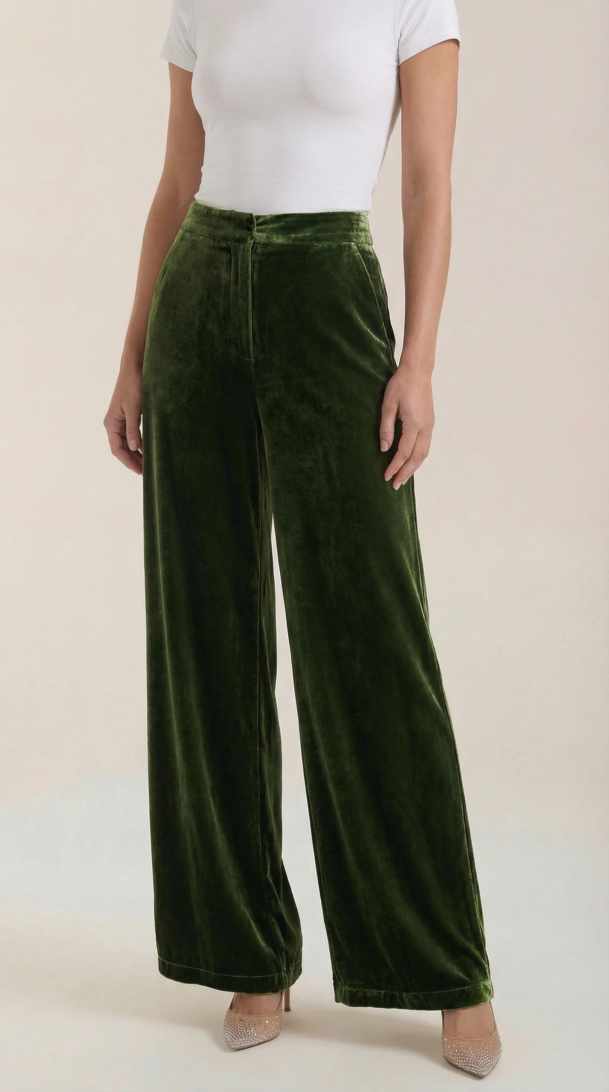 Pantalón ancho de terciopelo verde para mujer, cintura alta - Foto 3