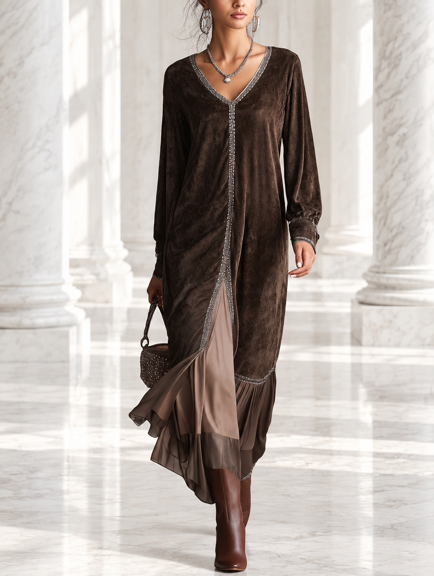 Vestido midi de ante sintético con cuello en V para mujer - Foto 1