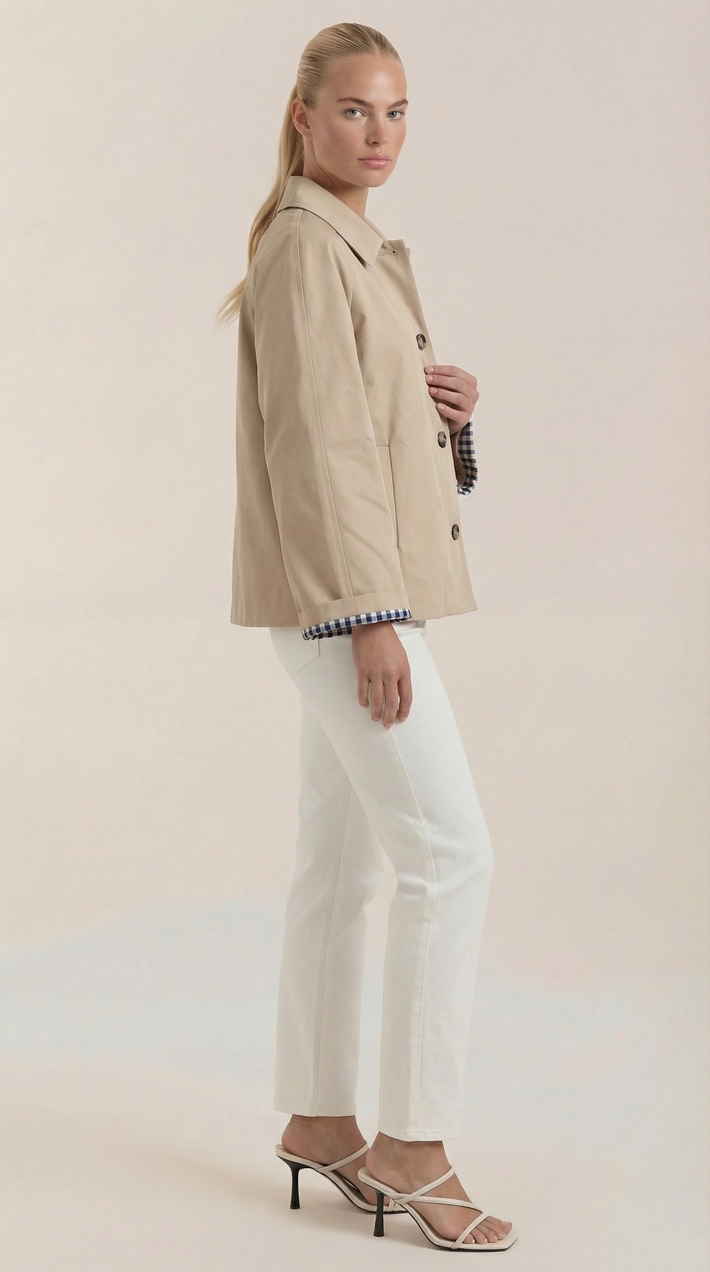 Gabardina clásica para mujer con forro a rayas, beige - Foto 2