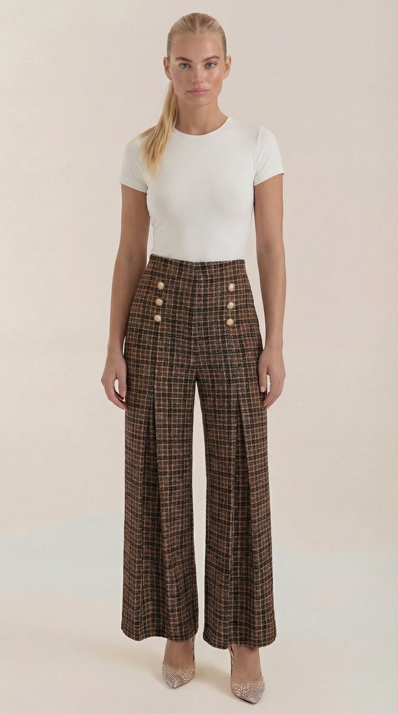 Pantalón de cuadros de mujer con pierna ancha y botones - Foto 1
