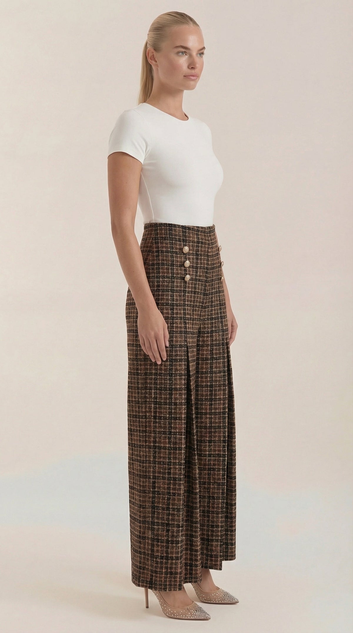 Pantalón de cuadros de mujer con pierna ancha y botones - Foto 2