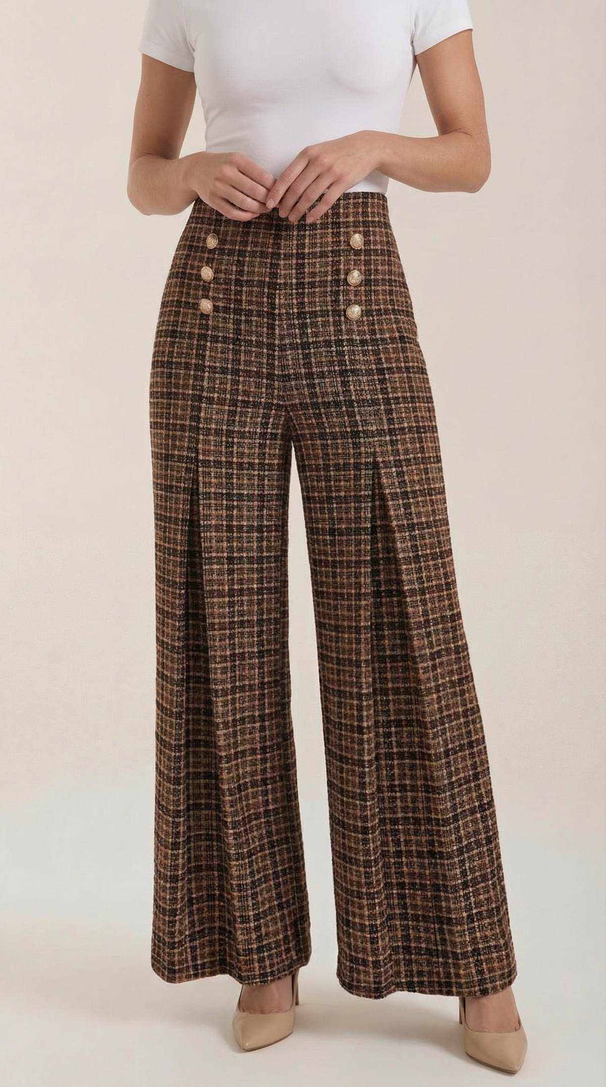 Pantalón de cuadros de mujer con pierna ancha y botones - Foto 3