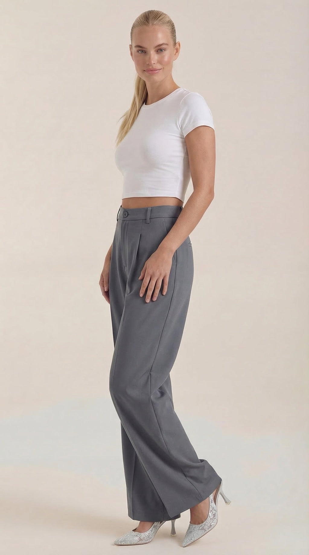 Pantalón de oficina para mujer con pierna ancha fluida - Foto 4