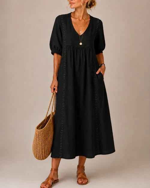 Vestido midi de lino y algodón con encaje para mujer - Foto 7