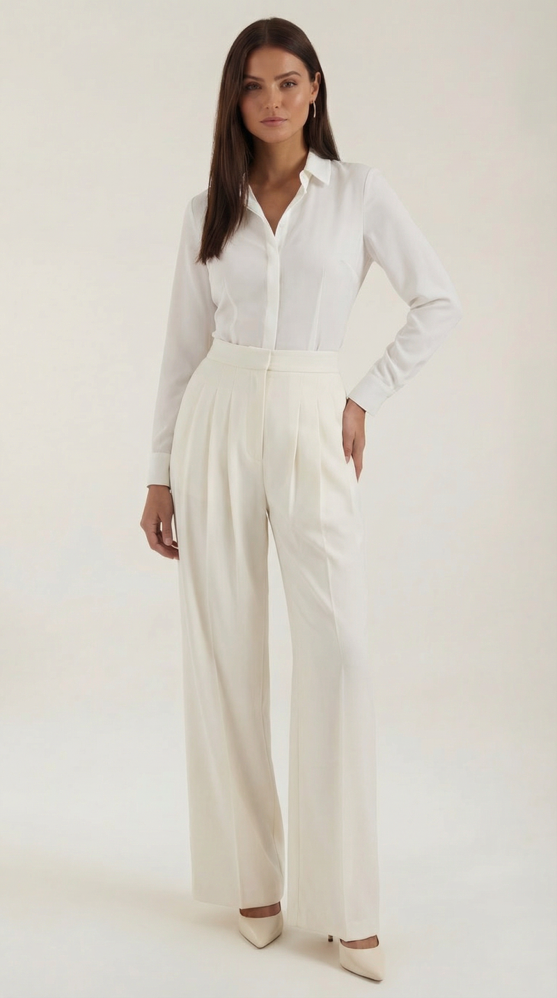 Pantalón de crepé marfil para mujer con pliegues marcados - Foto 1