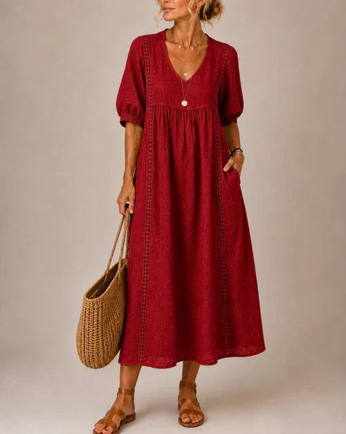 Vestido midi de lino y algodón con encaje para mujer - Foto 9