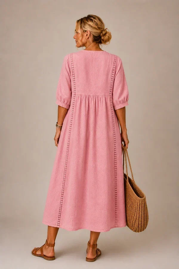 Vestido midi de lino y algodón con encaje para mujer - Foto 5