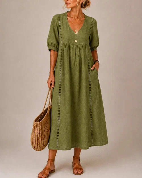 Vestido midi de lino y algodón con encaje para mujer - Foto 8